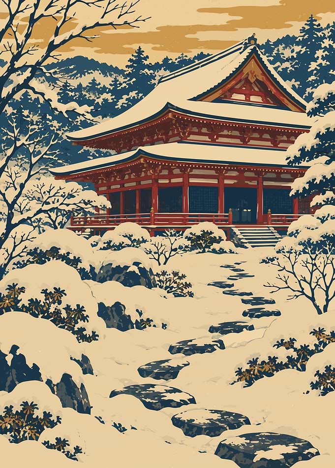 Snowy Japanese Temple and Stepping Stone Path