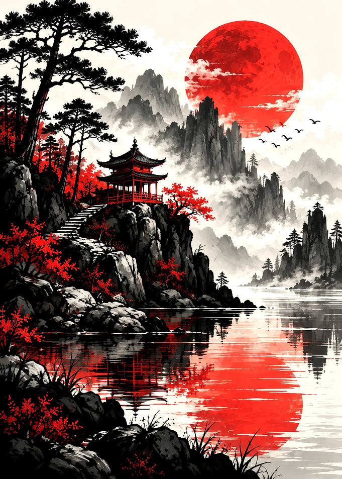 Red Sun Over Japanese Mountain