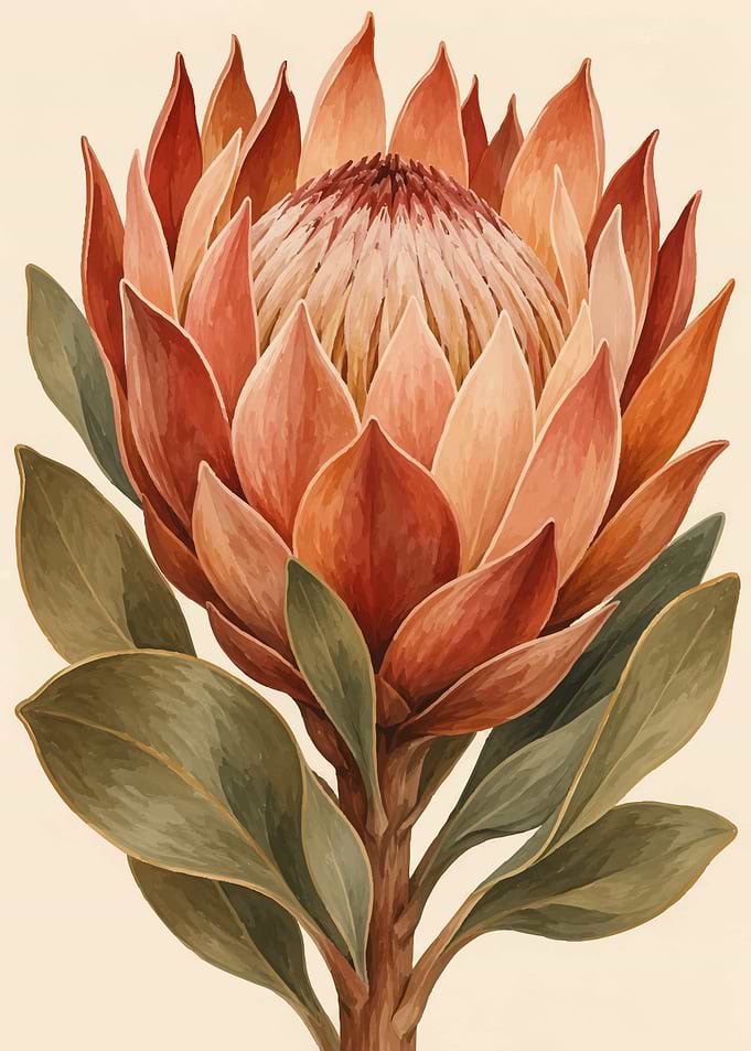 Elegant Protea Flower Botanical Illustration