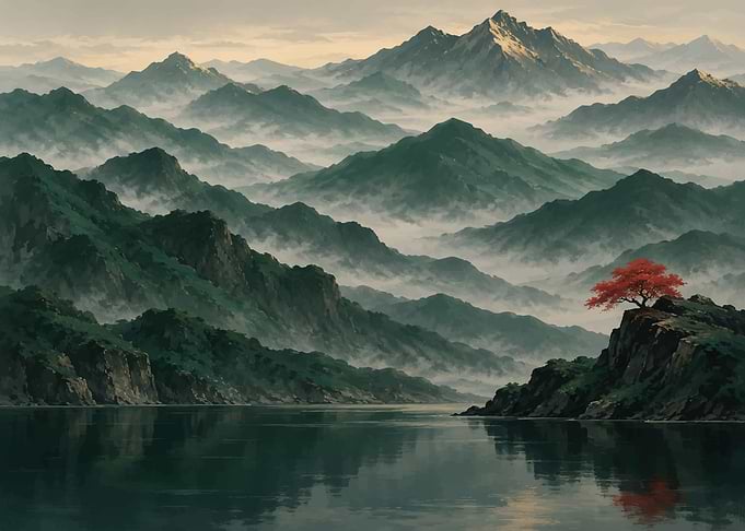 Misty Mountains with Red Tree