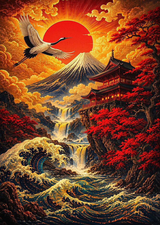 Japan Mount Fuji Red Sun Art