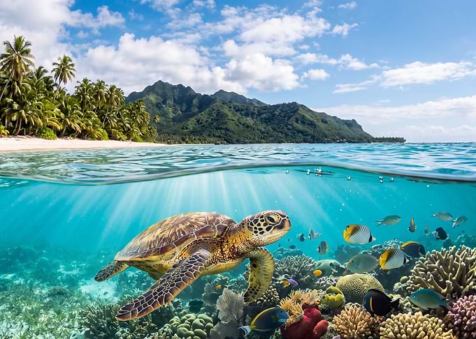 Sea Turtle Swimming in Tropical Reef