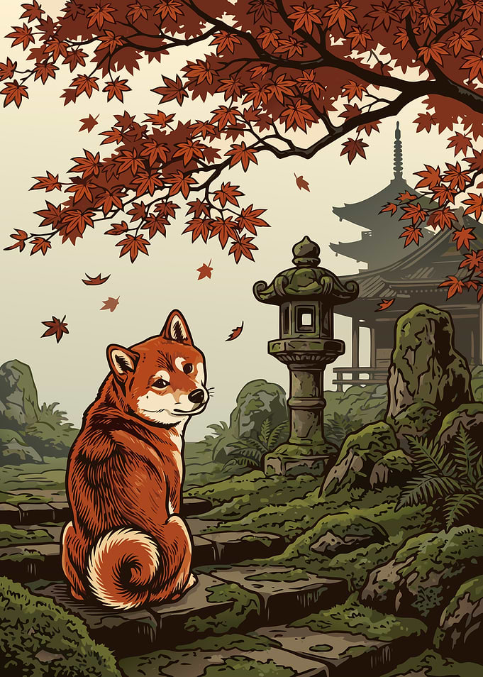 Shiba Inu in Japanese Autumn Garden