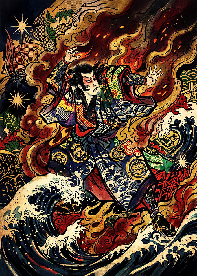 Ukiyo-e Style Samurai Fire and Water