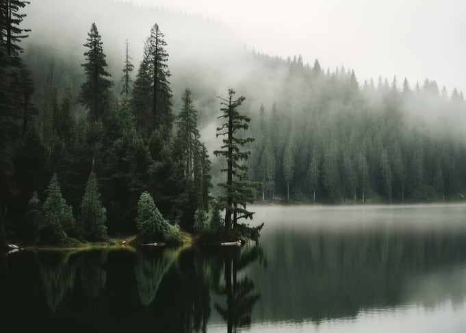 Misty Forest Lake Landscape