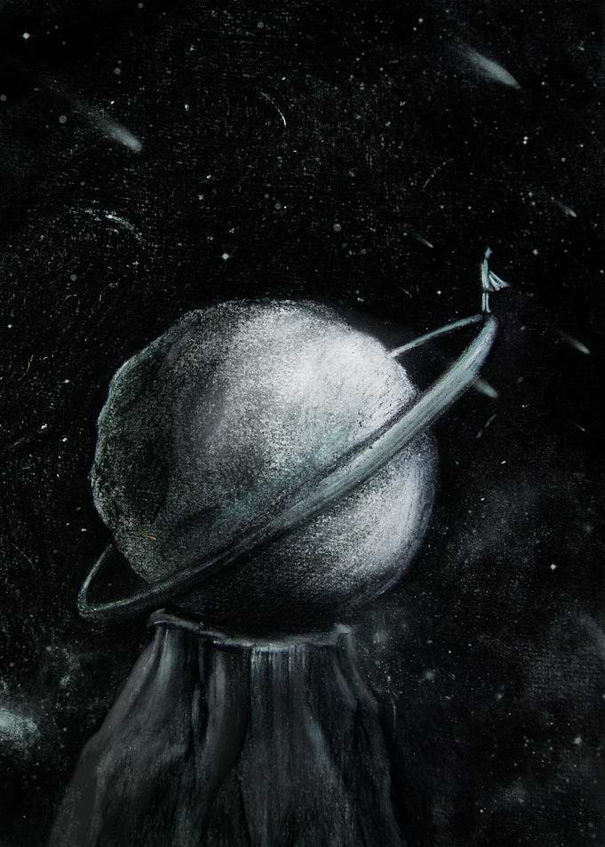 Monochrome Planet with Ring and Figure