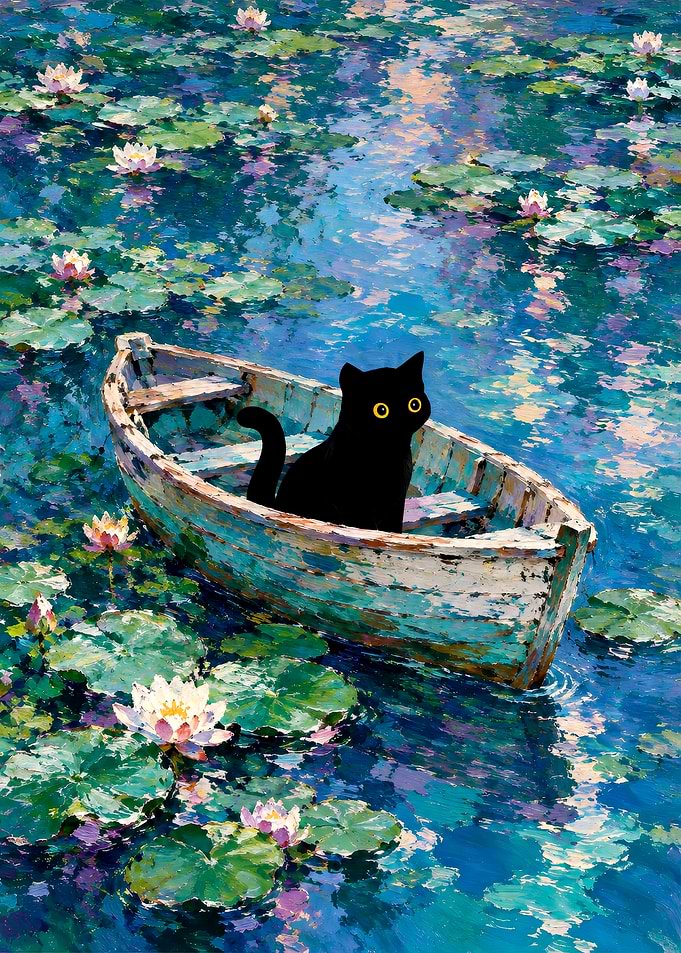 Black Cat in Lily Pond Boat