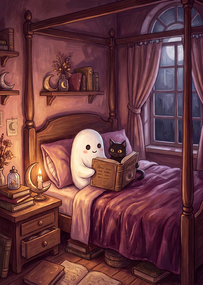 Ghost and Cat Reading Spooky Tales