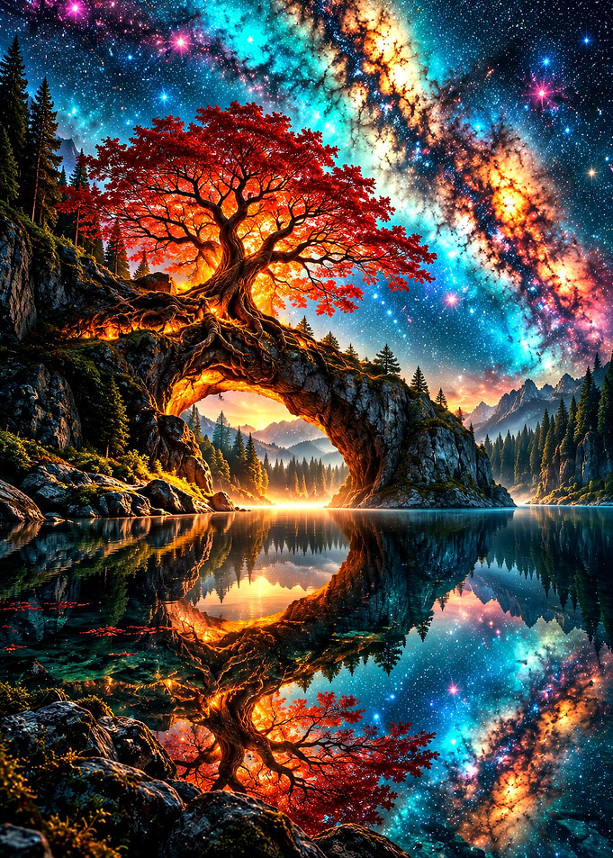 Vibrant Cosmic Tree Over Lake