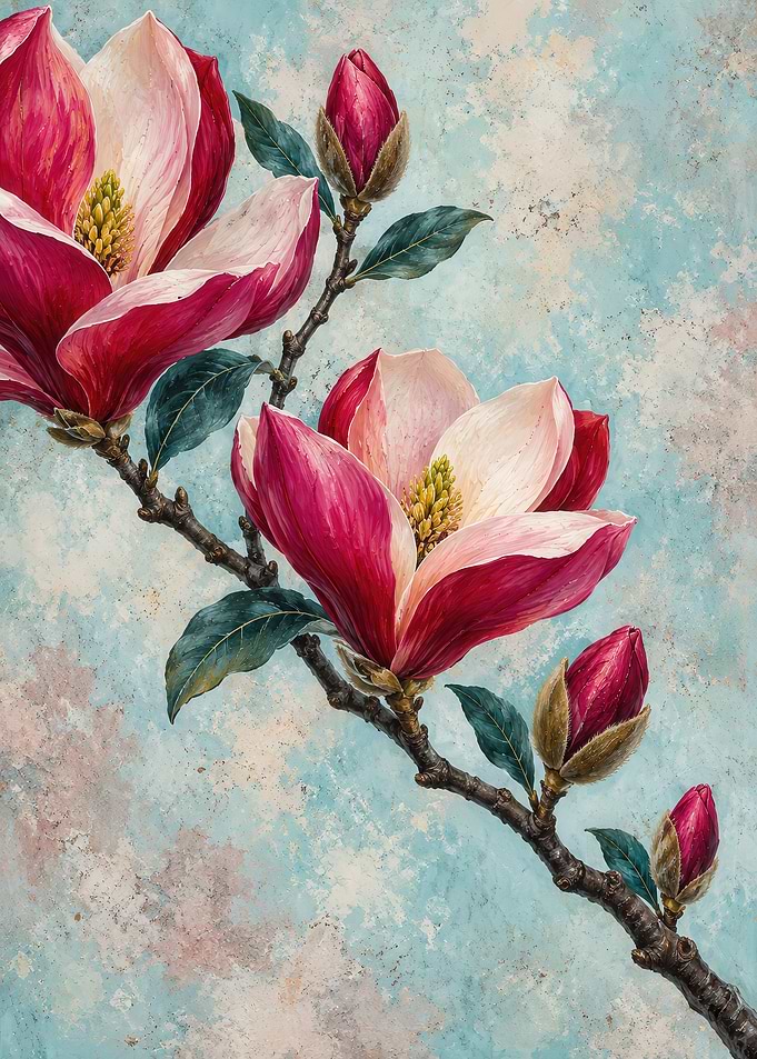 Elegant Pink Magnolia Branch Painting