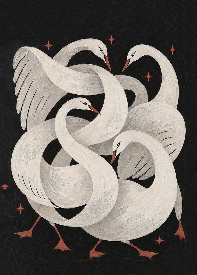 Elegant Swans Dancing in Night Sky
