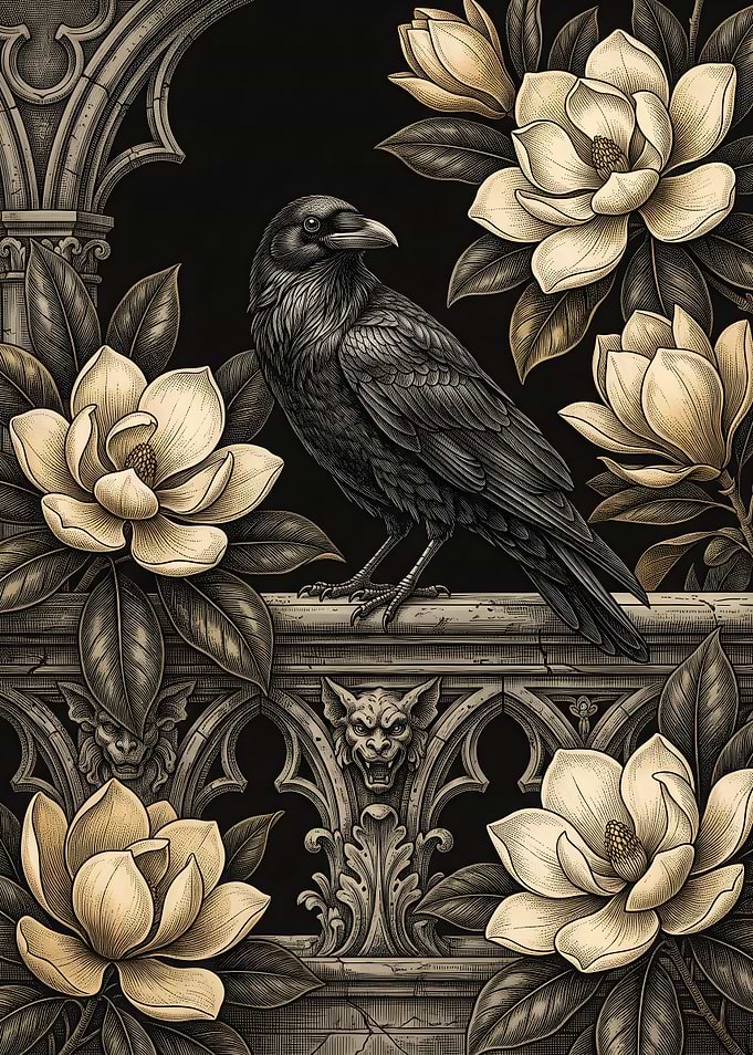 Gothic Raven and Magnolia Floral Illustration