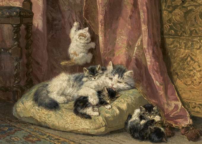 Mother Cat and Kittens Painting