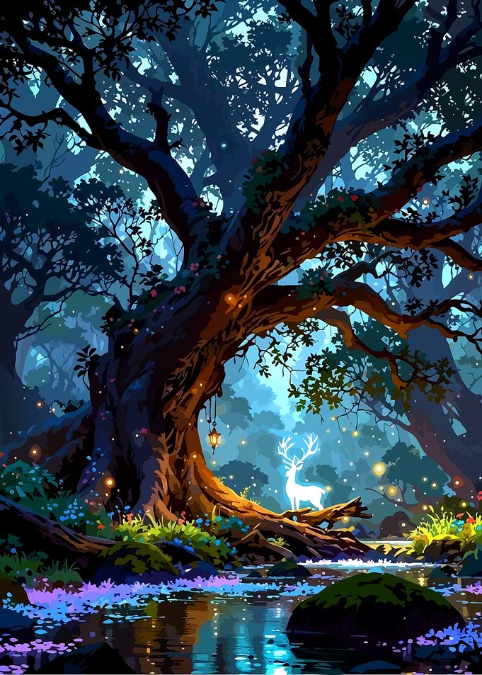 Glowing Spirit Deer in Enchanted Forest