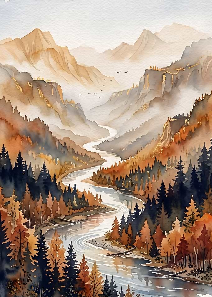 Watercolor Autumn Mountain River Landscape