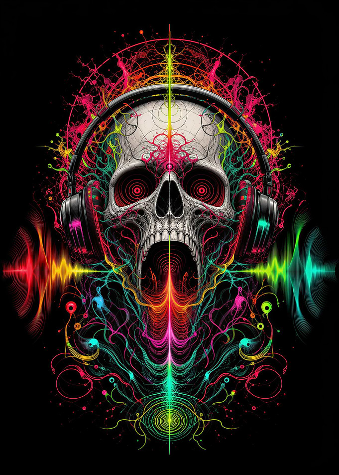 Neon Skull With Headphones Music Art