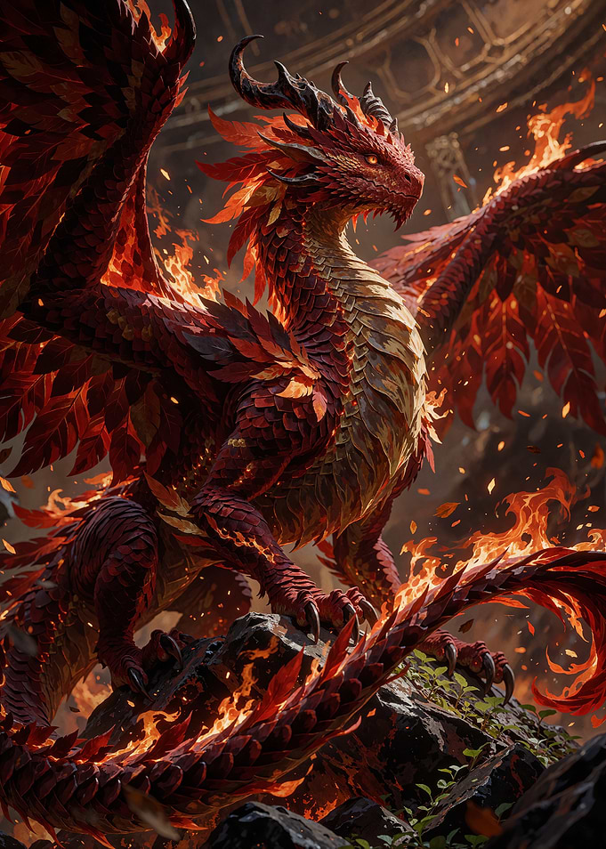 Majestic Fire Dragon Perched on Rock