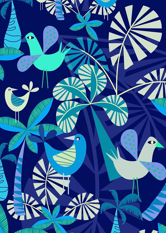 Tropical Birds and Palm Leaves