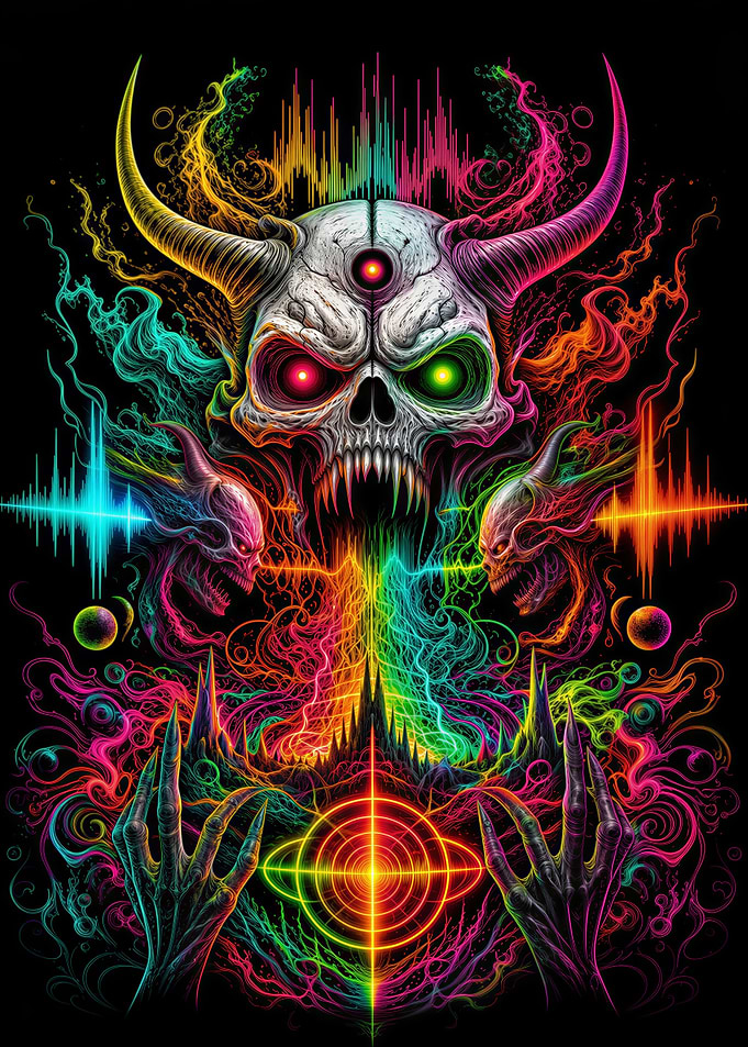 Neon Psychedelic Demon Skull Art