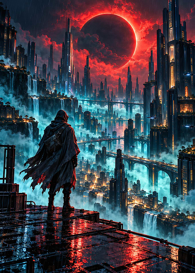 Lone Traveler Overlooking Futuristic City