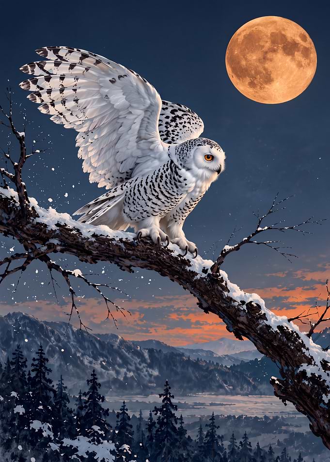 Snowy Owl Under Full Moon