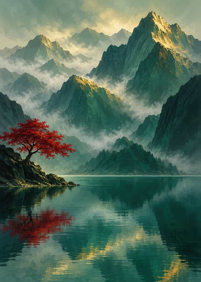 Red Tree by Misty Mountain Lake