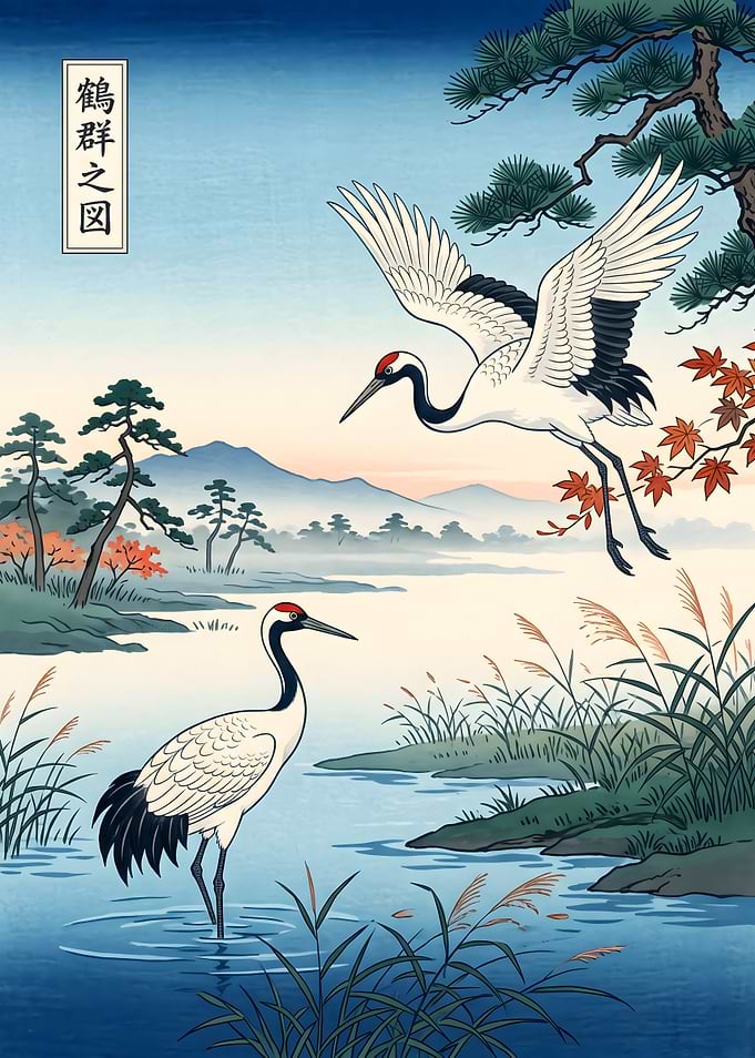 Red-Crowned Cranes at Dawn Ukiyo-e Art Print