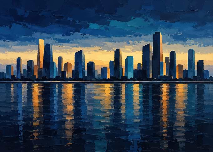 Impressionist City Skyline at Sunset