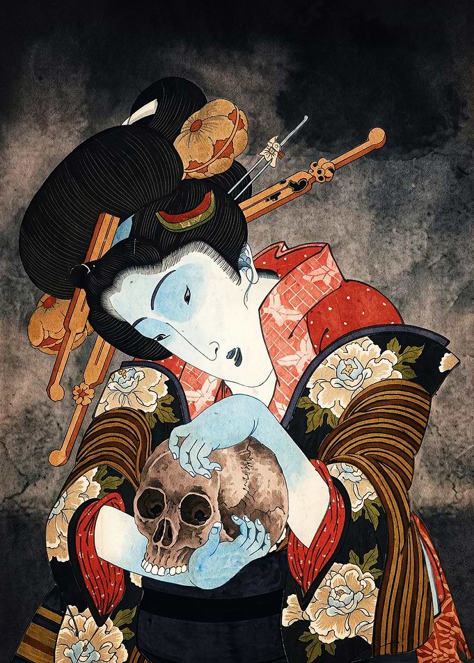 Ukiyo-e Style Geisha Holding Skull
