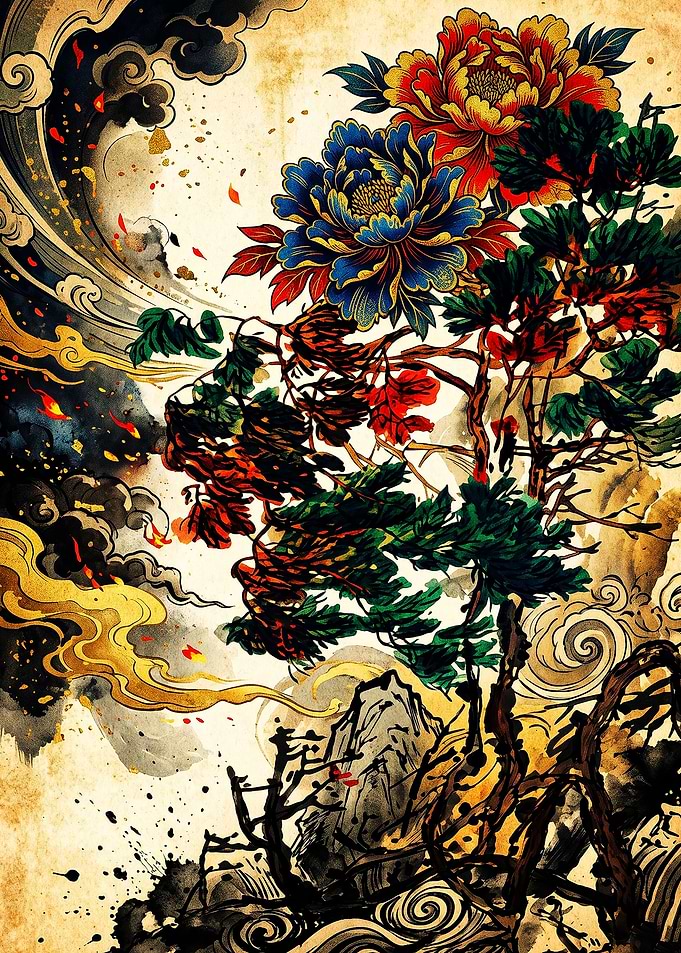 Traditional Japanese Peony and Pine Art