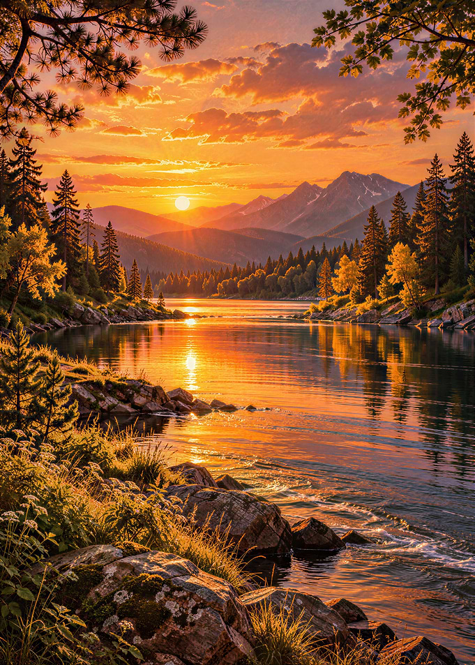 Golden Sunset Over Mountain Lake