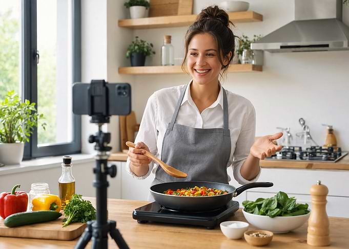 Woman filming cooking vlog in kitchen