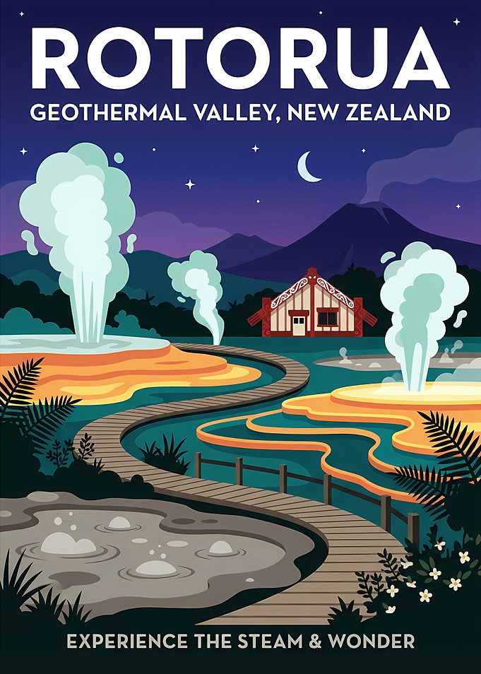 Rotorua Geothermal Valley Travel Poster
