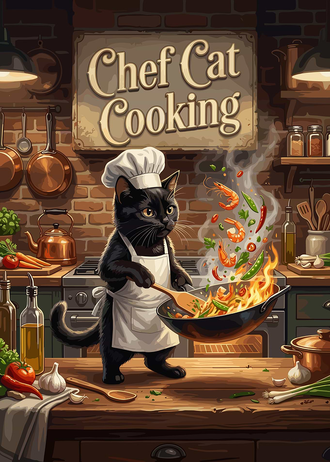 Chef Cat Cooking Stir Fry