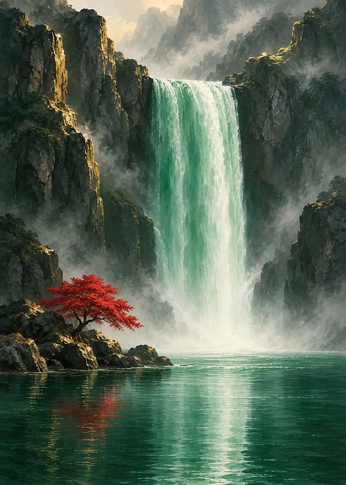 Majestic Waterfall with Red Tree