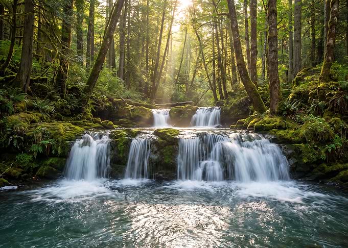 Sunlit Forest Waterfall Cascade