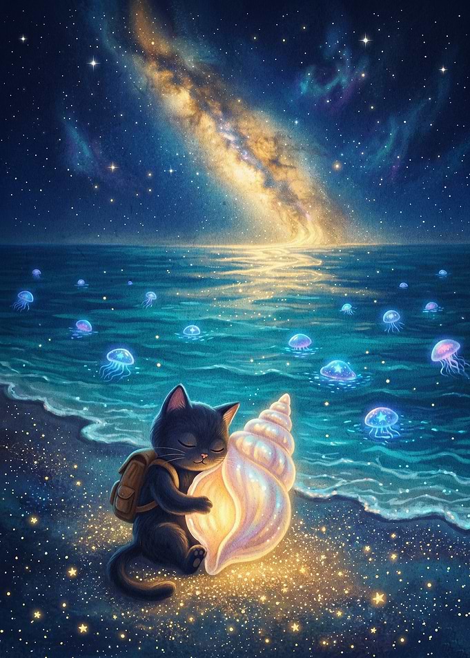 Cosmic Cat Shell Beach Fantasy Art