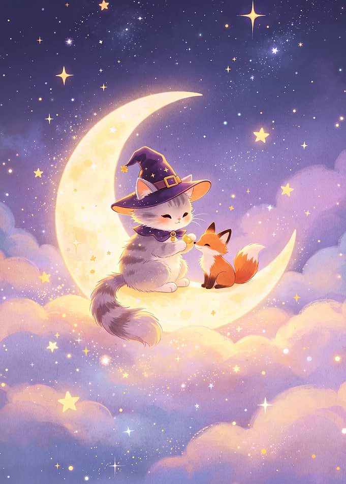 Cute Cat Wizard and Fox on Moon