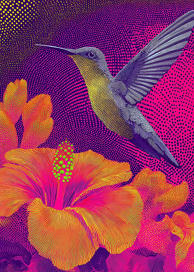 Vibrant Hummingbird and Hibiscus Art