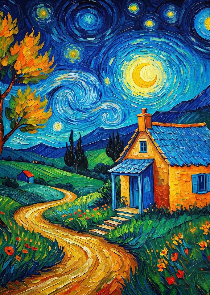 Starry Night Cottage Oil Art