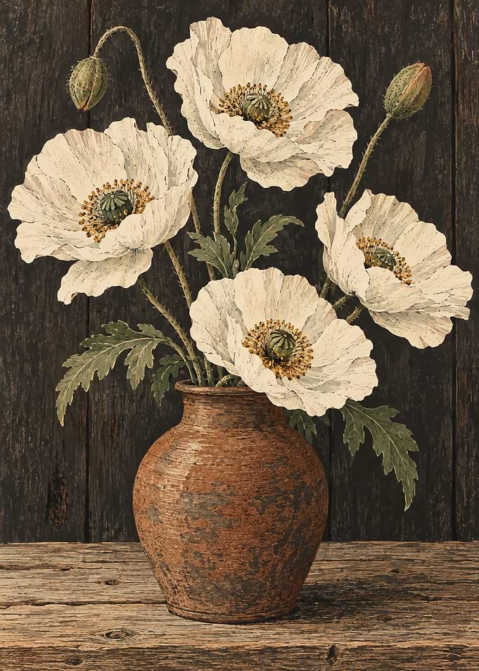 White Poppies in Rustic Vase