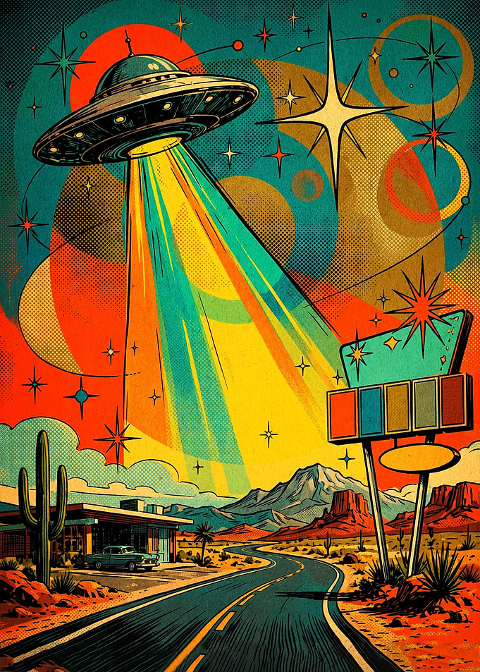 Retro UFO Desert Road Trip
