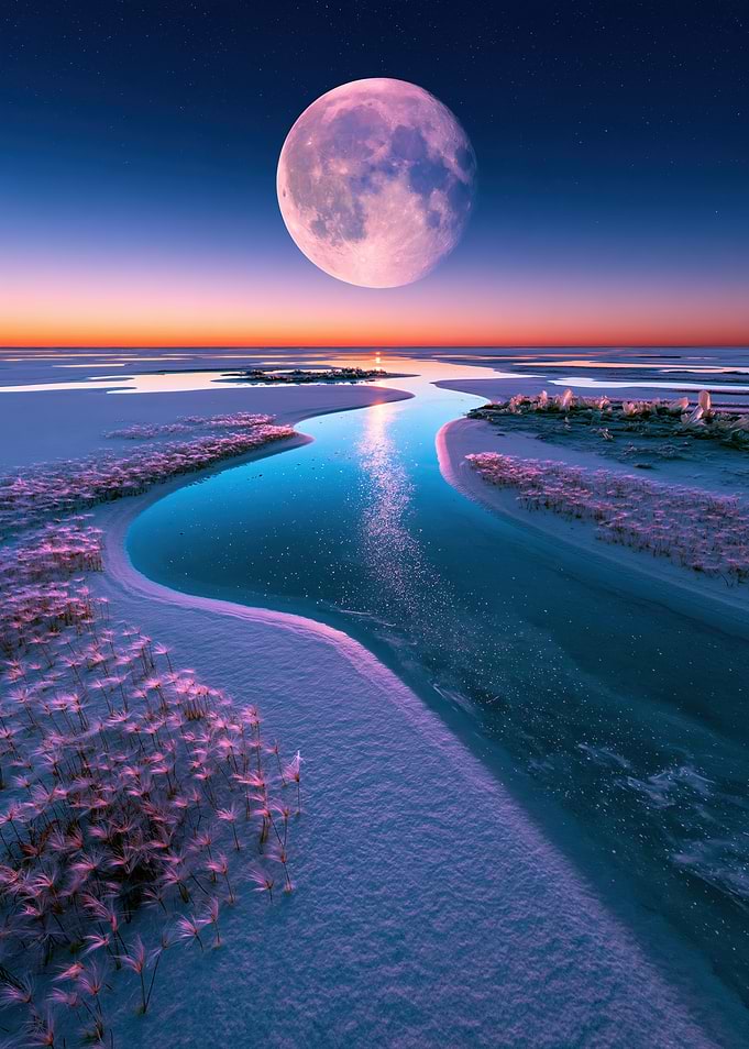 Ethereal Moonlit Frozen River Landscape