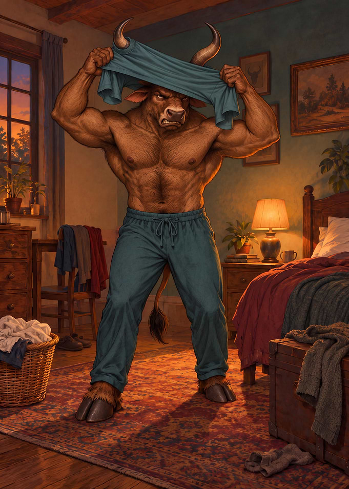 Muscular Minotaur Changing Clothes in Bedroom