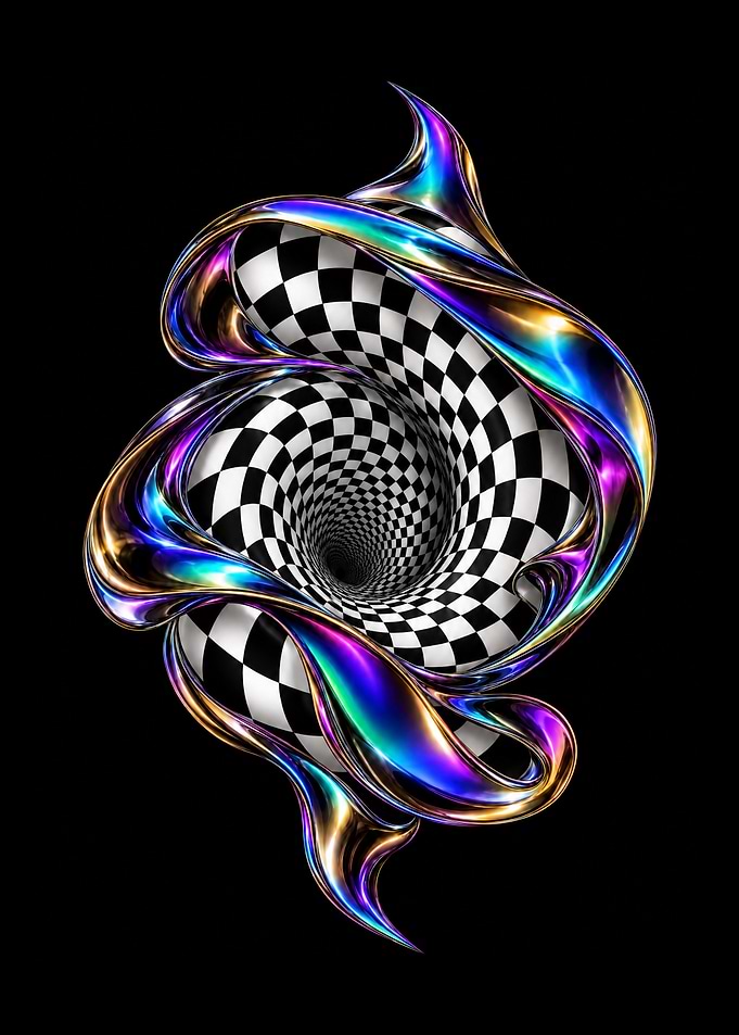 Iridescent Liquid Swirl with Checkerboard Vortex