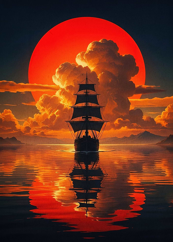 Pirate Ship Sunset Red Sun Poster