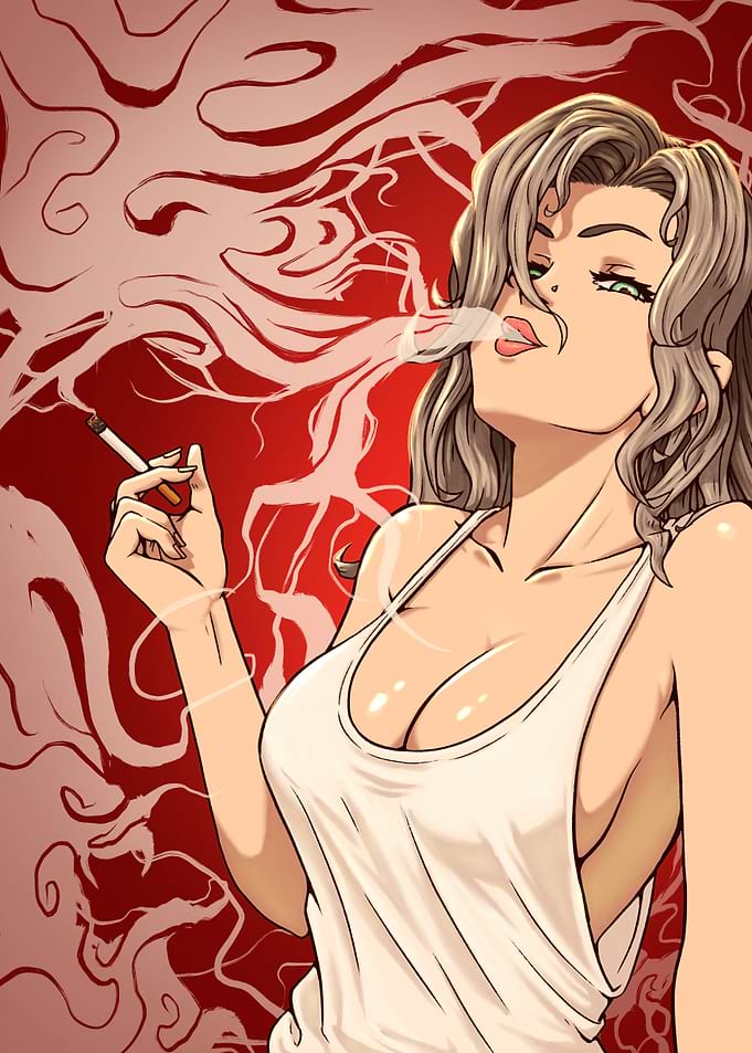Onee-san Smoking with Red abstract background