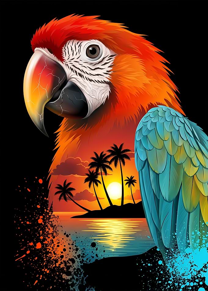 Tropical Sunset Palm Sea Beach Parrot