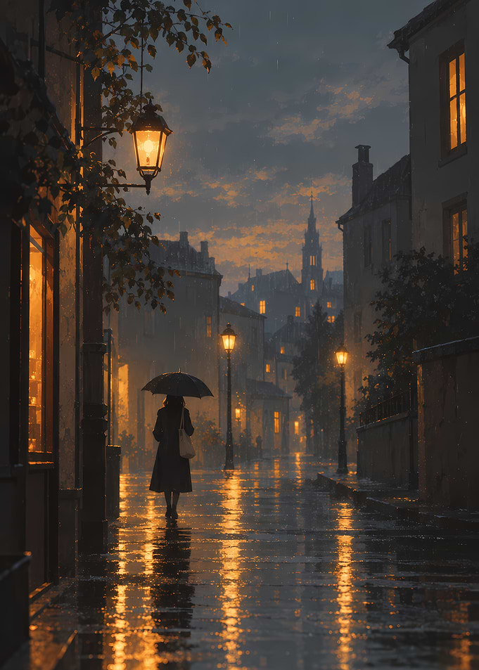 Rainy Evening in a European Town