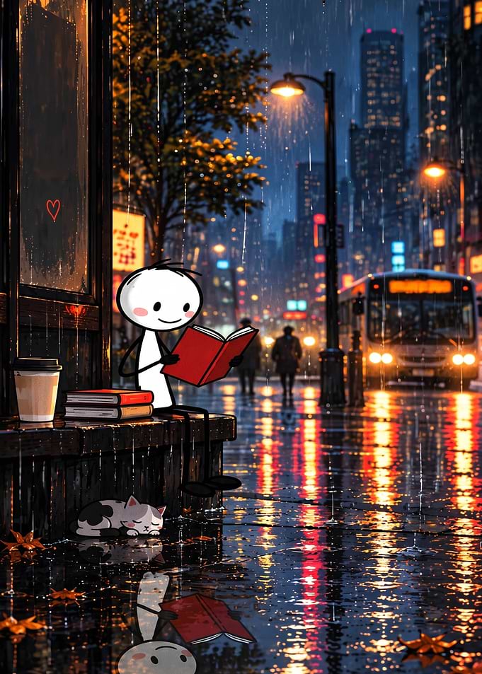 Stick Figure Reading in Rainy City